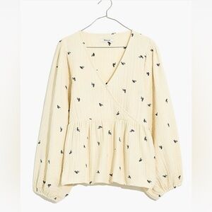 Madewell Antique Cream Lightspun Peplum Wrap Top in Black Tiny‎ Bows Size XS